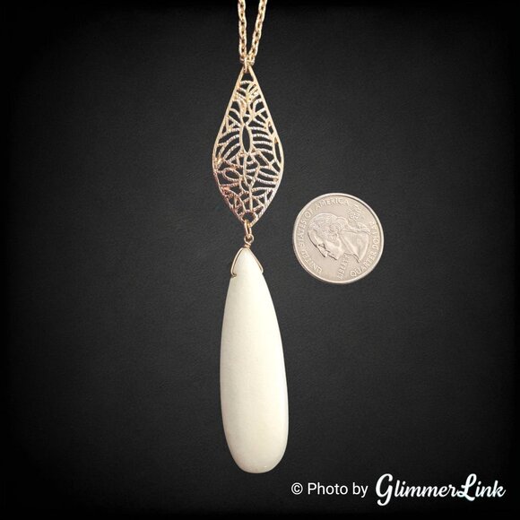 White Stone Teardrop Long Chain Gold Tone Filigree Pendant Necklace - Picture 6 of 9